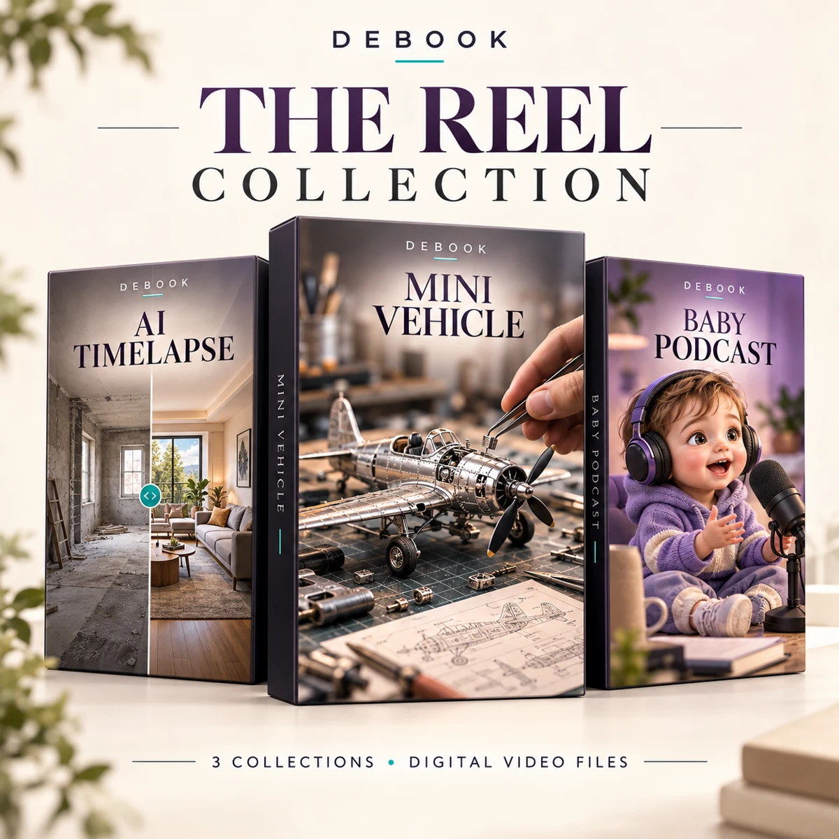 Illustrative Debook three-collection digital video bundle artwork